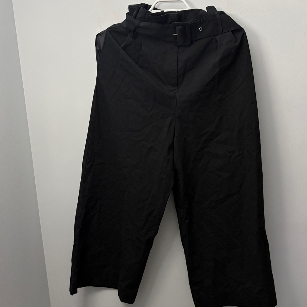 Zara black pleated belted wide leg trousers